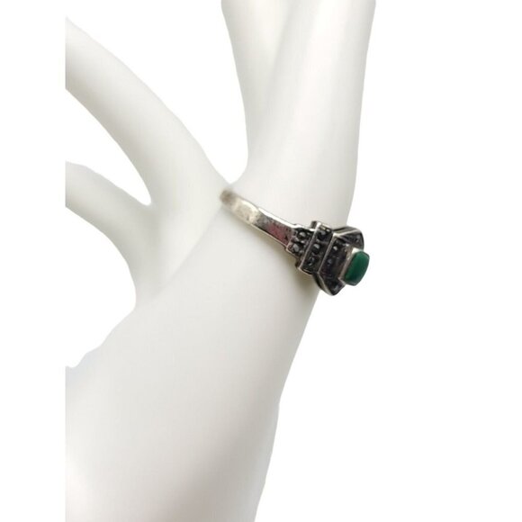Sterling Silver, Marcasite and Bezel Set Malachite Ring  Sterling Silver .925 Green Malachite Marcasite Cocktail Ring Size 8 Vintage